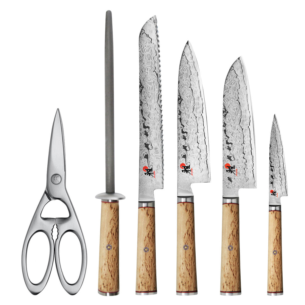 Wood-handled knives with patterned blades and kitchen scissors, knife set