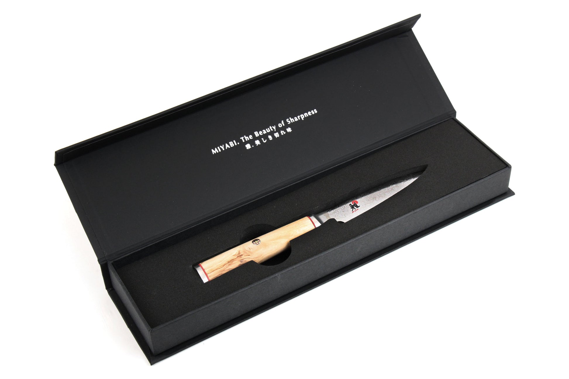 Miyabi 3.5-inch paring knife in black presentation box with birchwood handle