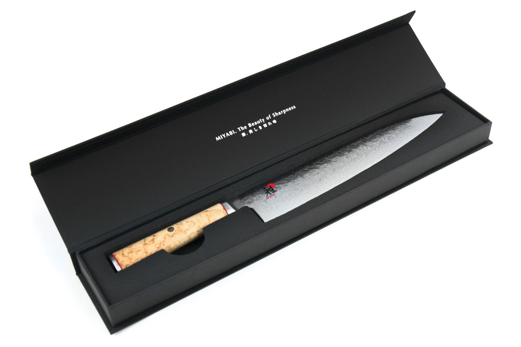 Slicing knife in black gift box, birchwood handle with Damascus-style blade