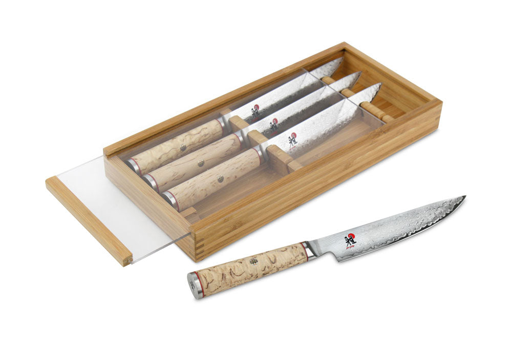 Miyabi SG2 steak knife set with 4 knives in birchwood-style presentation box
