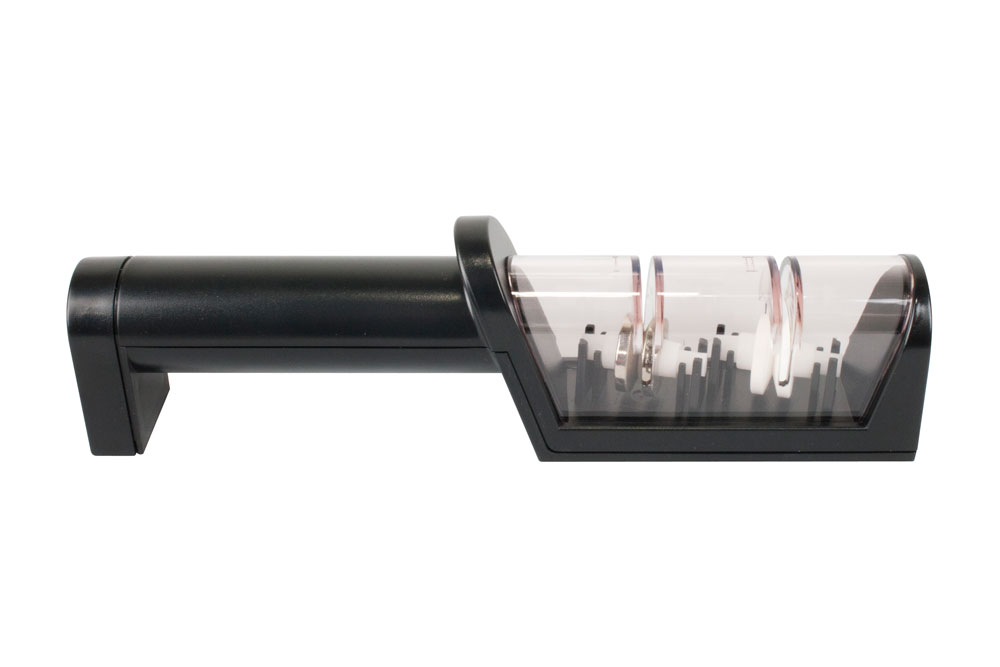 Two-stage handheld knife sharpener with black handle and clear guide