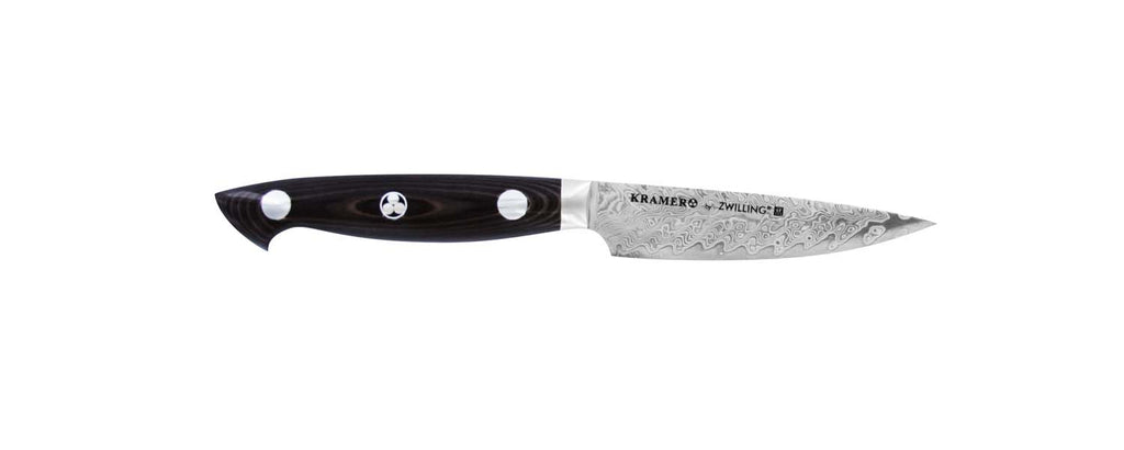3.5-in paring knife with black handle and stainless Damascus blade