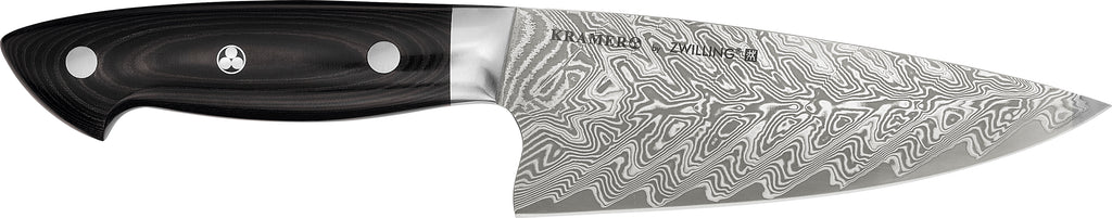 6-inch chef's knife with black handle and stainless Damascus blade