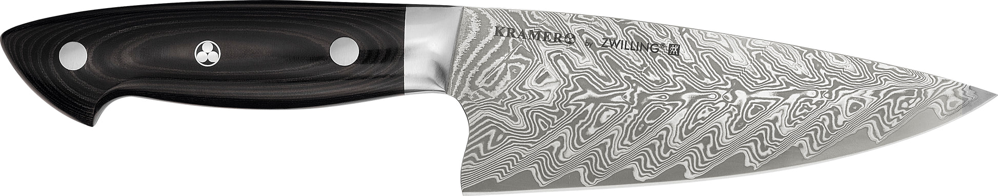 6-inch chef's knife with black handle and stainless Damascus blade