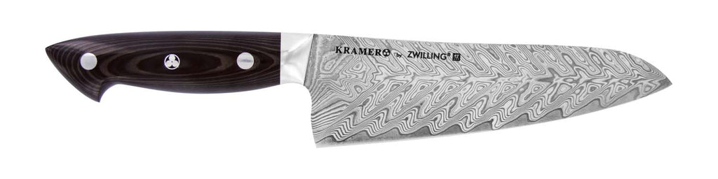 Bob Kramer 7-inch santoku knife with dark Damascus blade and black handle