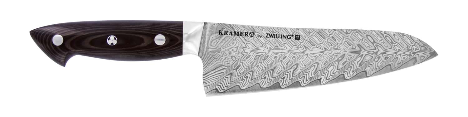 Bob Kramer 7-inch santoku knife with dark Damascus blade and black handle
