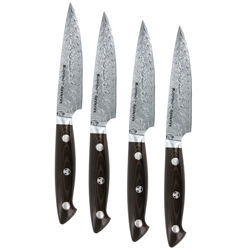 Stainless damascus steak knife set with dark wood-style handles, 4-piece