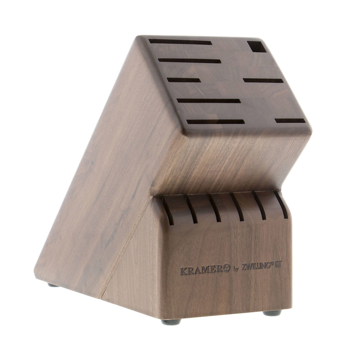 Walnut knife block with angled slots, engraved 'KRAMER by ZWILLING' on front