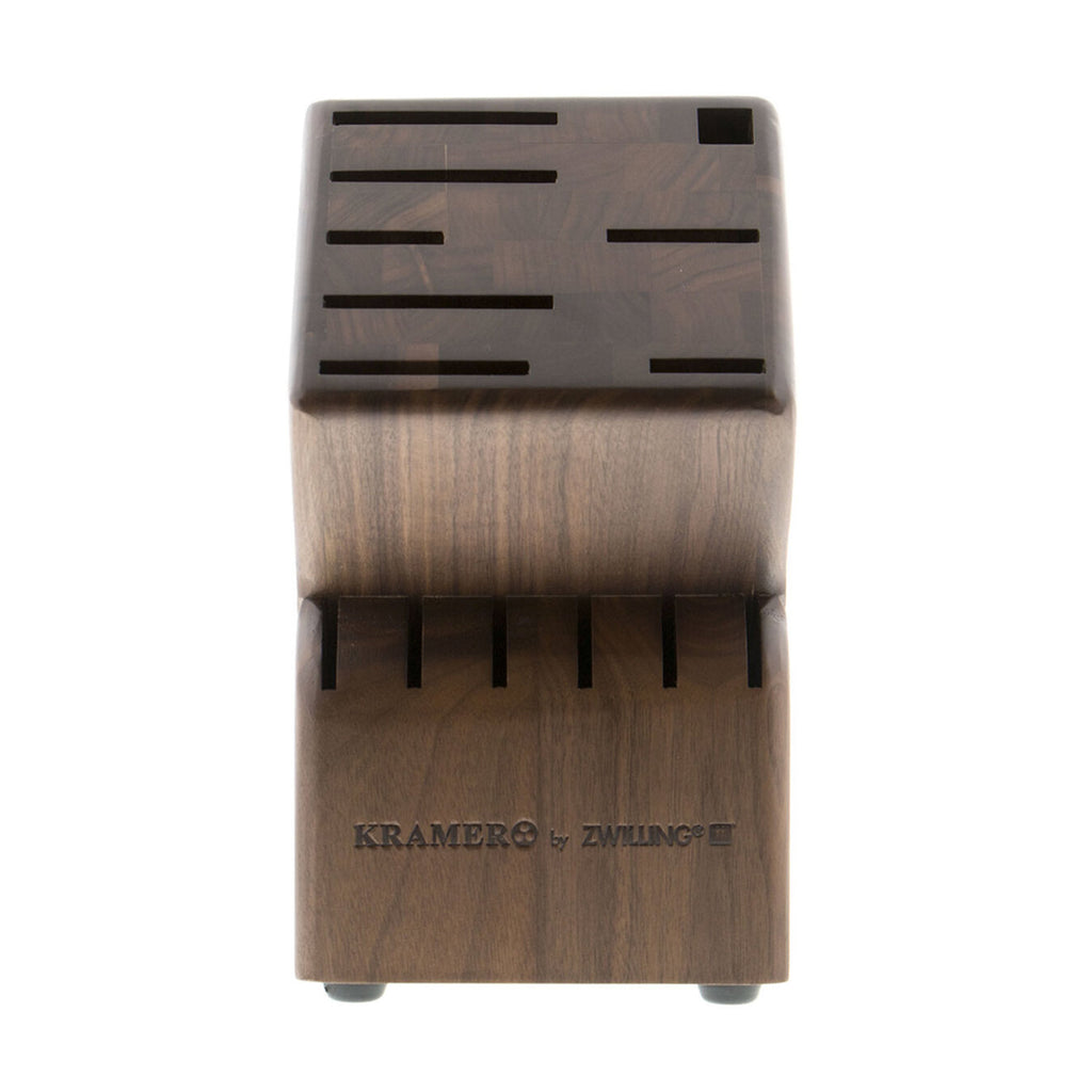 Walnut knife block with open front slots and black 'KRAMER by ZWILLING' logo