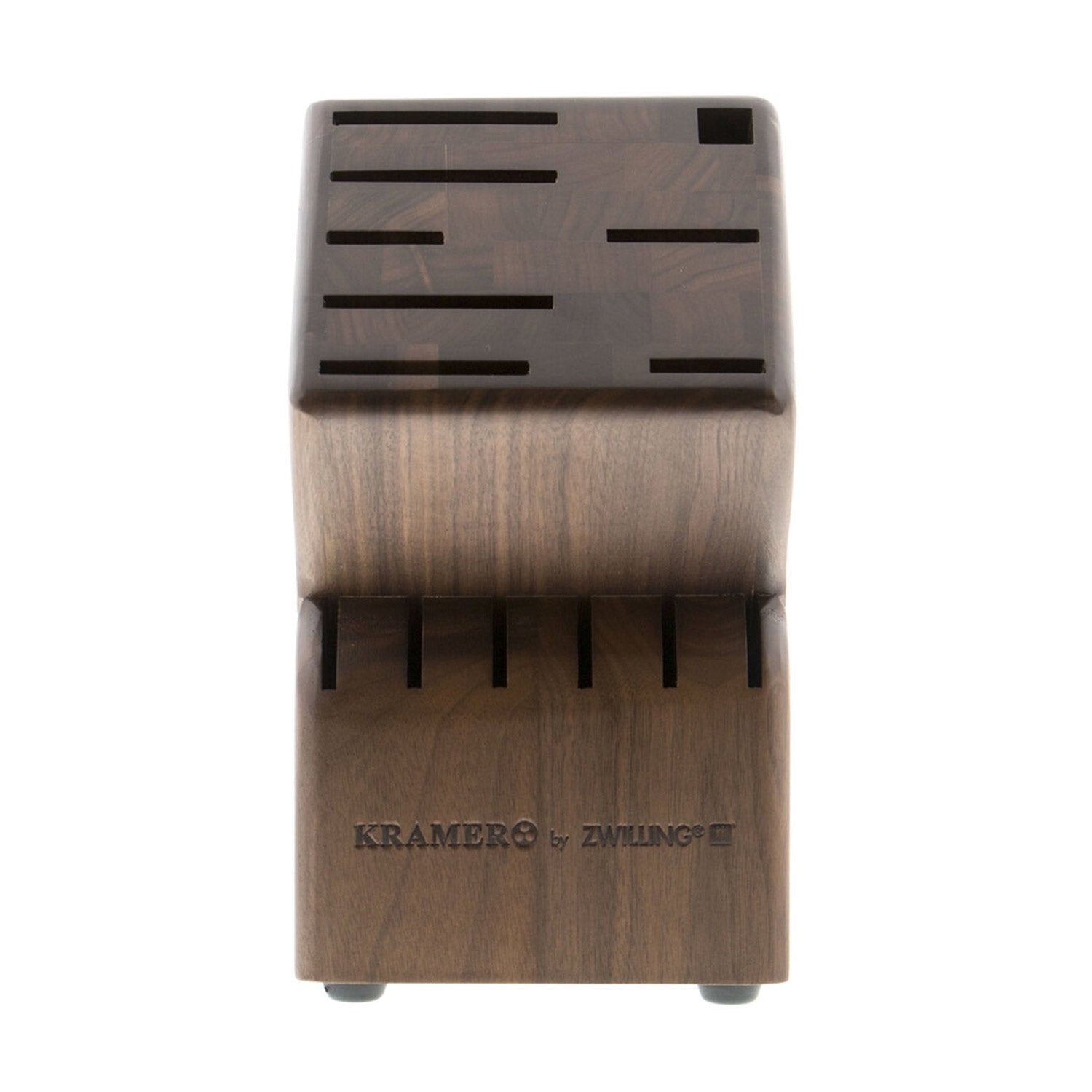 Walnut knife block with open front slots and black 'KRAMER by ZWILLING' logo