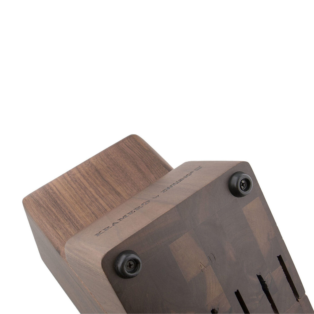 Walnut knife block top with screws and engraved logo on side panel