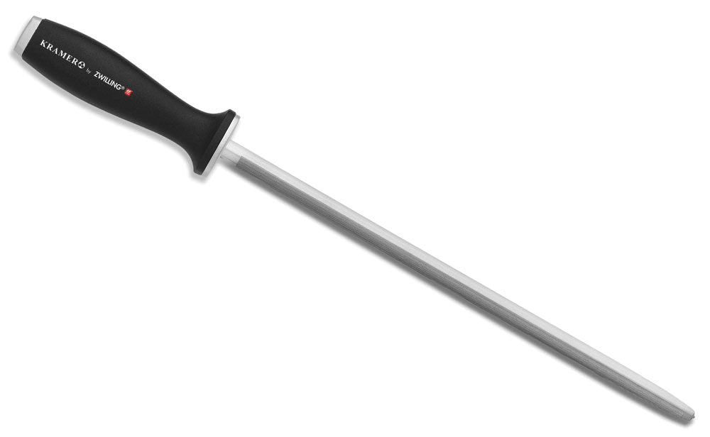 Double cut honing steel with black plastic handle and silver rod