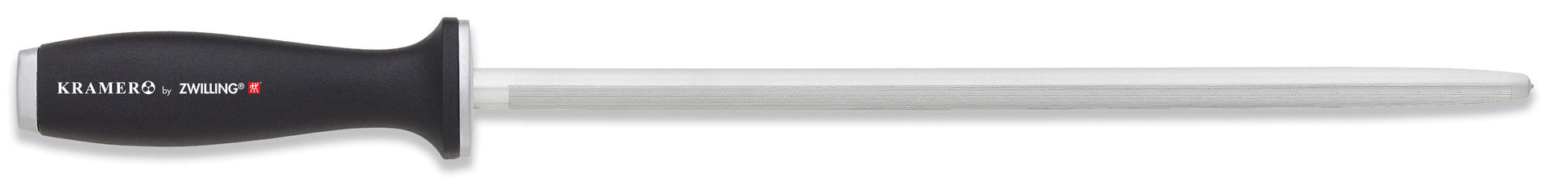 Stainless knife with dark handle and straight blade edge, storage-ready.