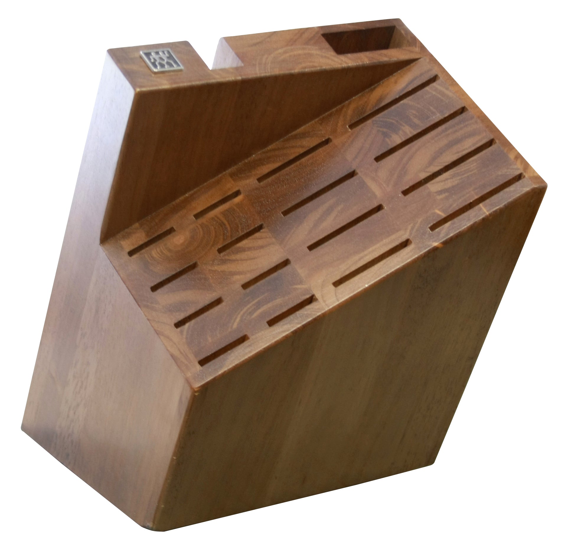 Wood knife block with 18 knife slots and carved holder insert