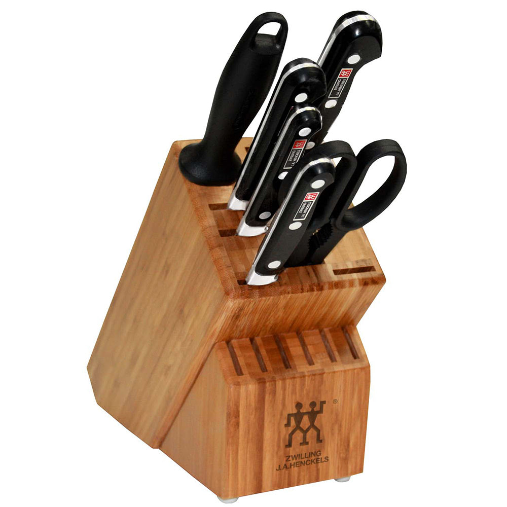 Zwilling J.A. Henckels knife block set with 7 knives and black handles on wooden block
