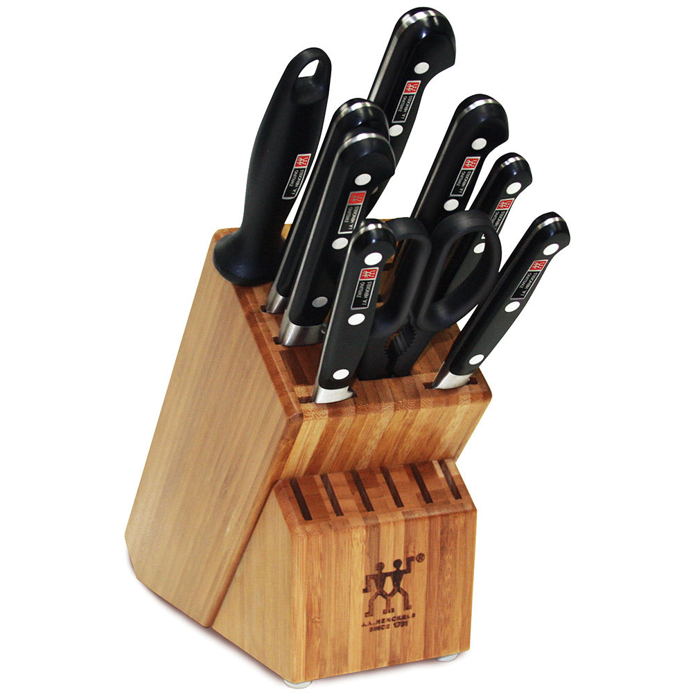 Zwilling J.A. Henckels knife block set with wooden stand and black-handled knives