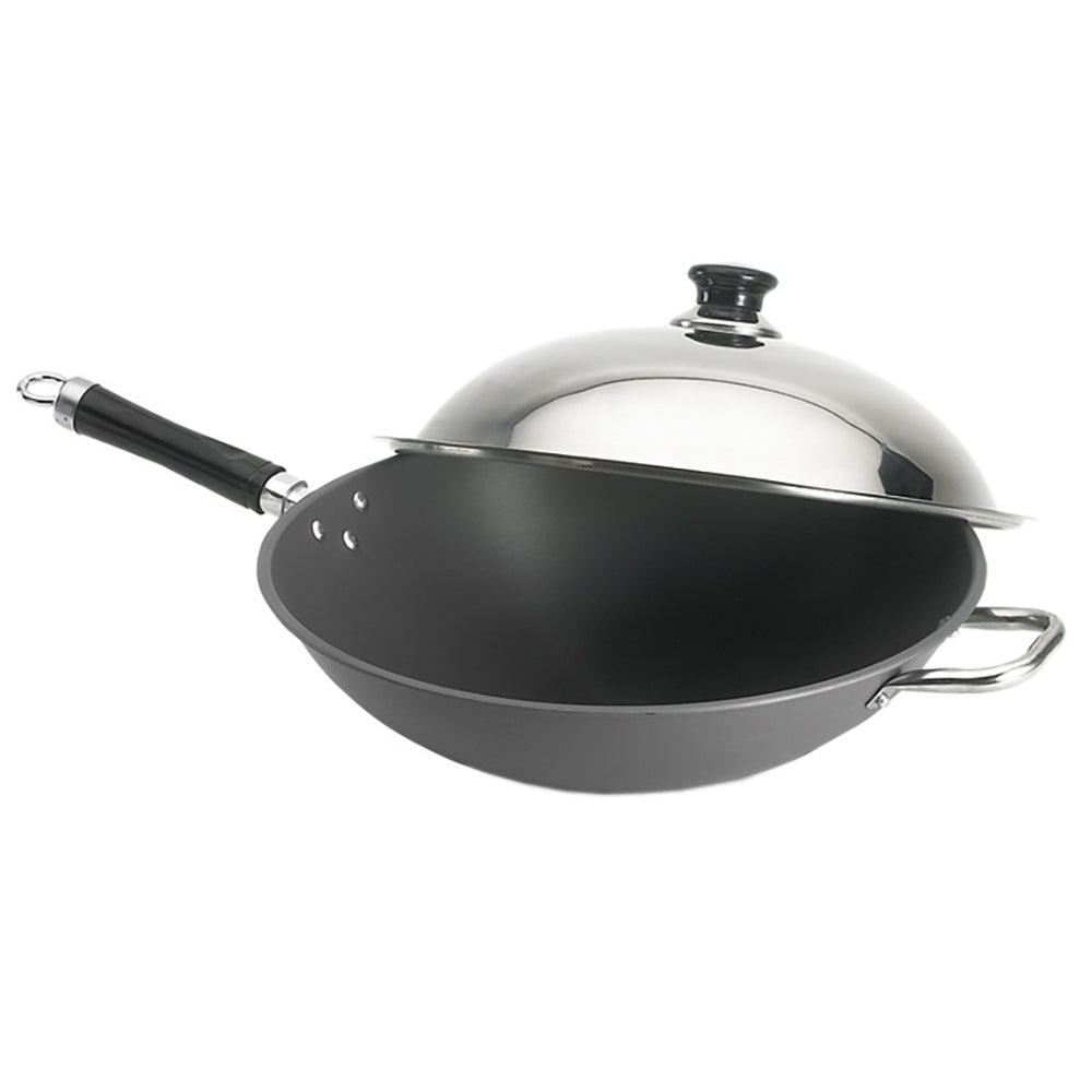 Nonstick wok pan with domed lid, two side handles, and long handle