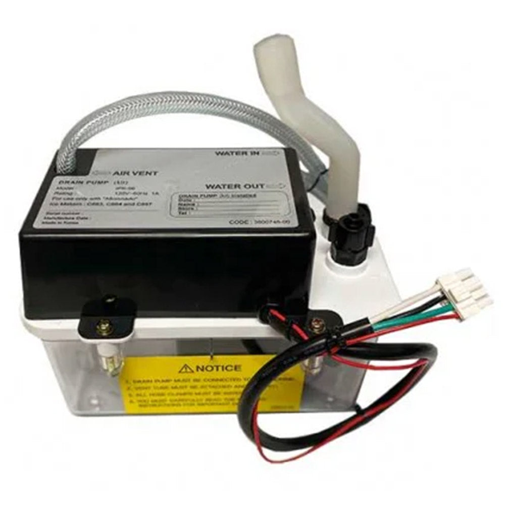 Outdoor automatic ice maker drain pump with wiring harness and labeled ports