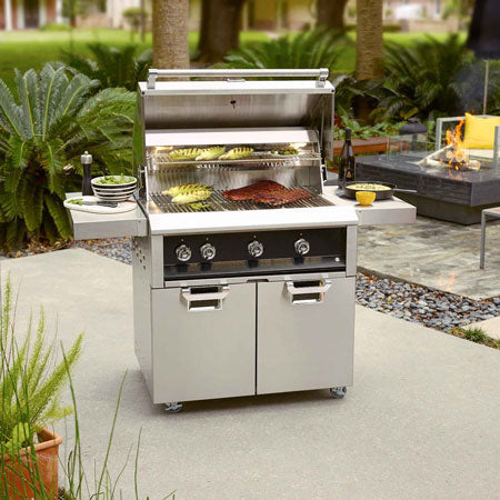Freestanding gas grill with open hood, three burners, and two storage doors.