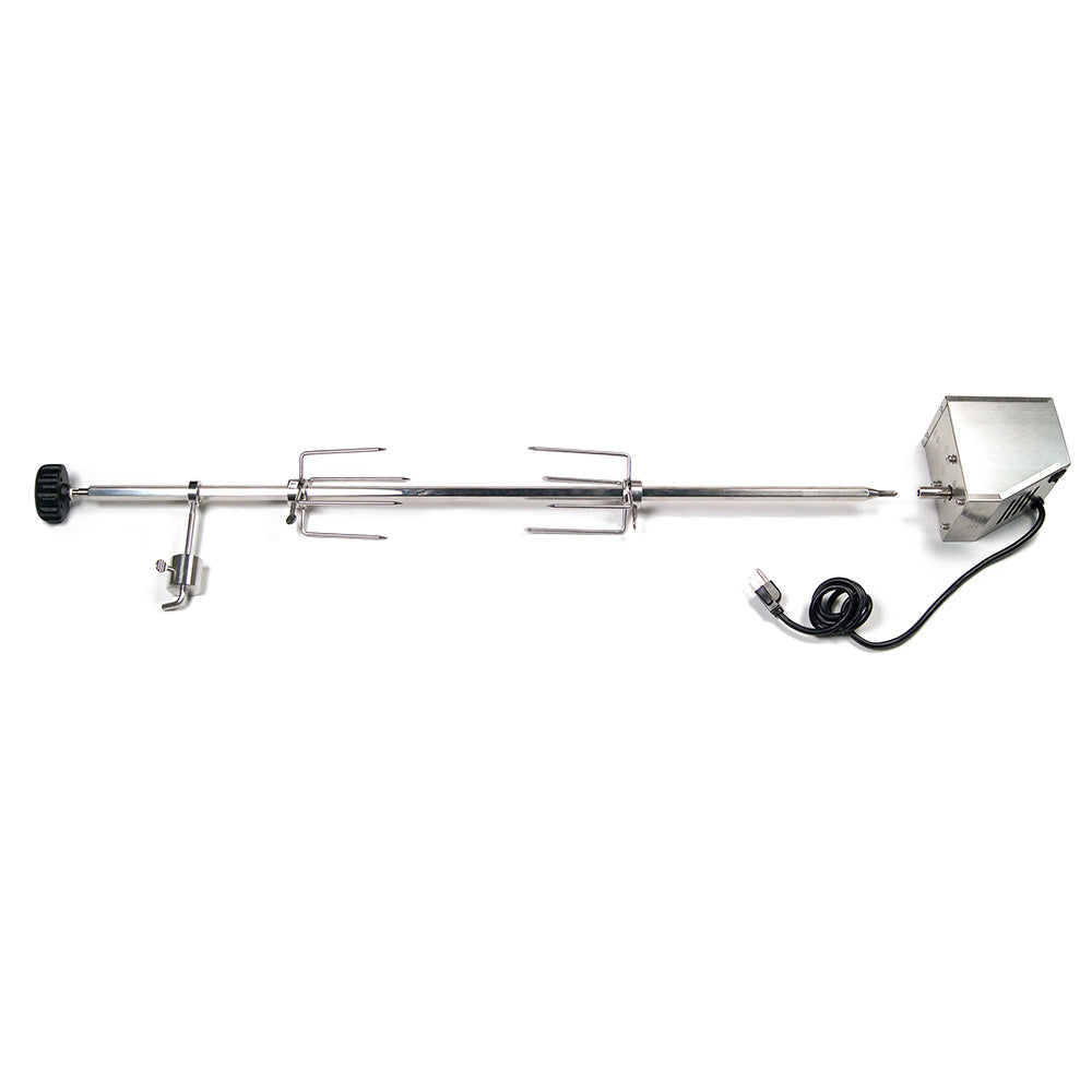 Stainless steel rotisserie kit with motor box, rod, and mounting hardware