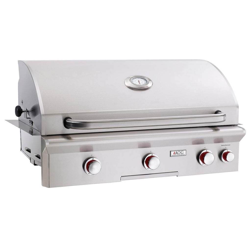Stainless steel built-in gas grill with lid, front controls, and side handles