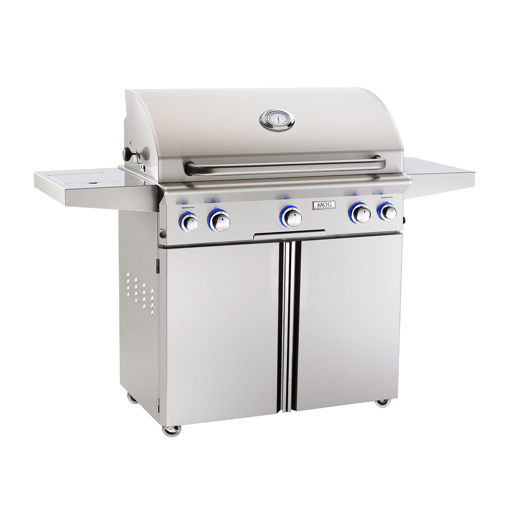 Stainless steel gas grill on cart with control knobs and front access doors