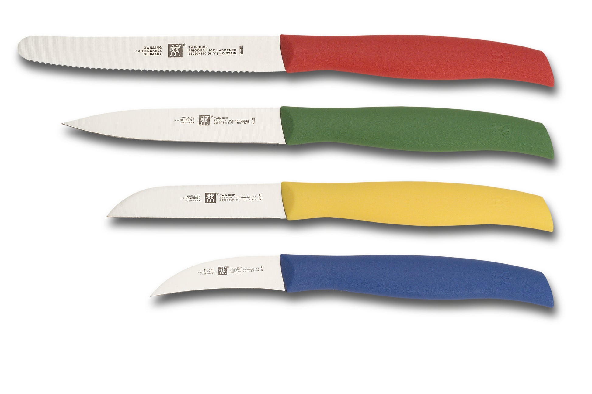 4-piece paring knife set with white blades and red, green, yellow, blue handles