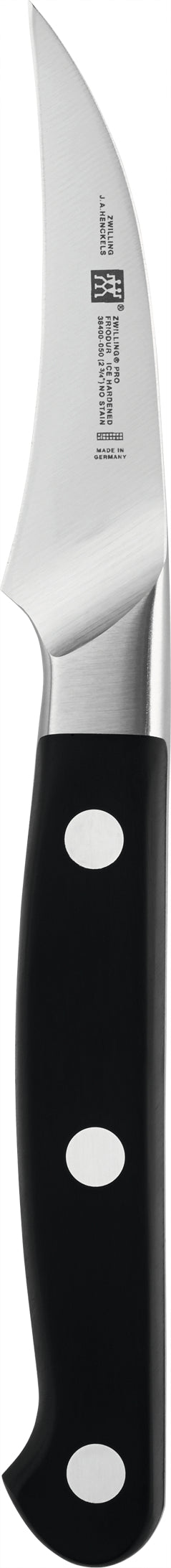 Zwilling J.A. Henckels Pro bird's beak peeling knife with black riveted handle, blade tip