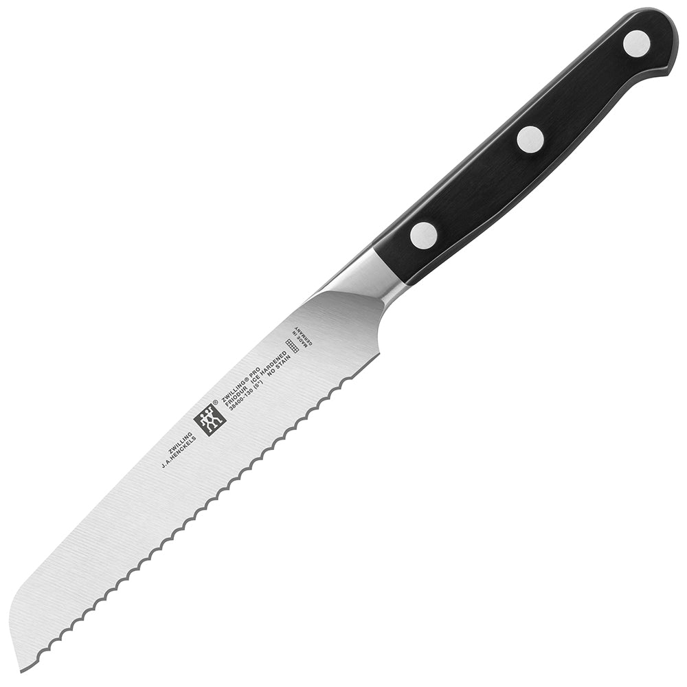 5-inch serrated utility knife with stainless blade and black riveted handle