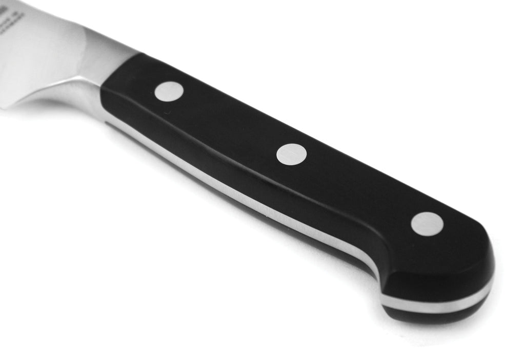 Bread knife handle with black scales and three metal rivets