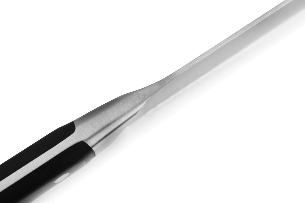 Bread knife blade with silver finish and black accent on spine