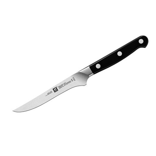 Steak knife with stainless steel blade and black handle with rivets