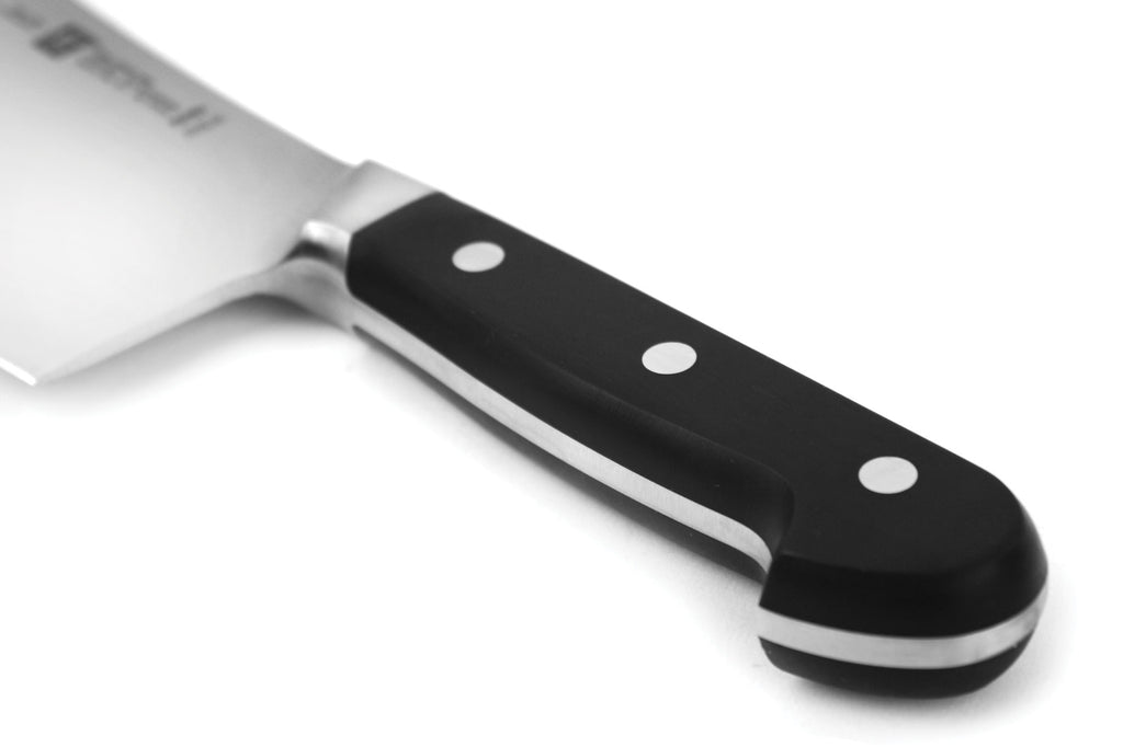 Meat cleaver with black handle, three rivets, and stainless blade