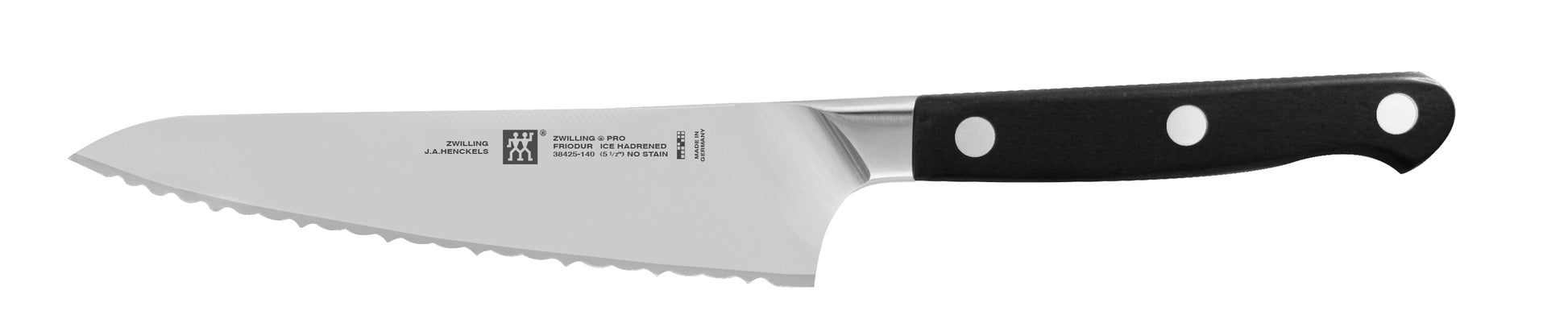 Zwilling J.A. Henckels Pro serrated prep knife with stainless blade and black handle