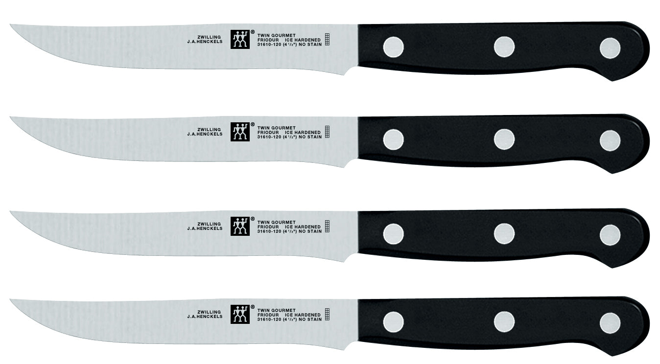 4-piece steak knife set with black handles and stainless steel blades
