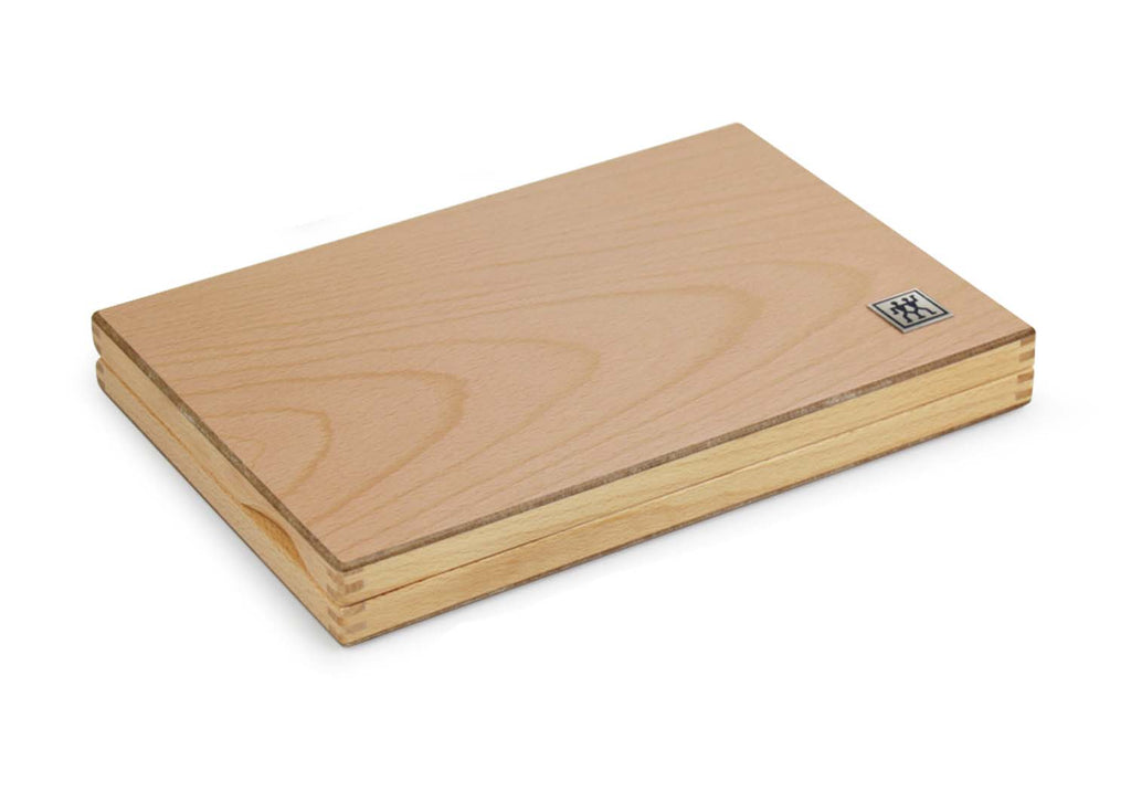 Wooden presentation case for stainless steak knife set, hinged lid with logo