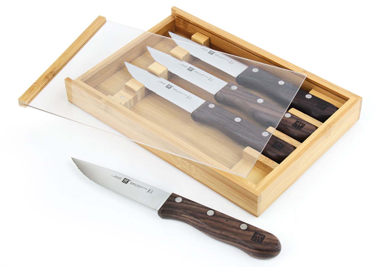 4 steak knives with wooden storage case, dark brown handles, serrated blades