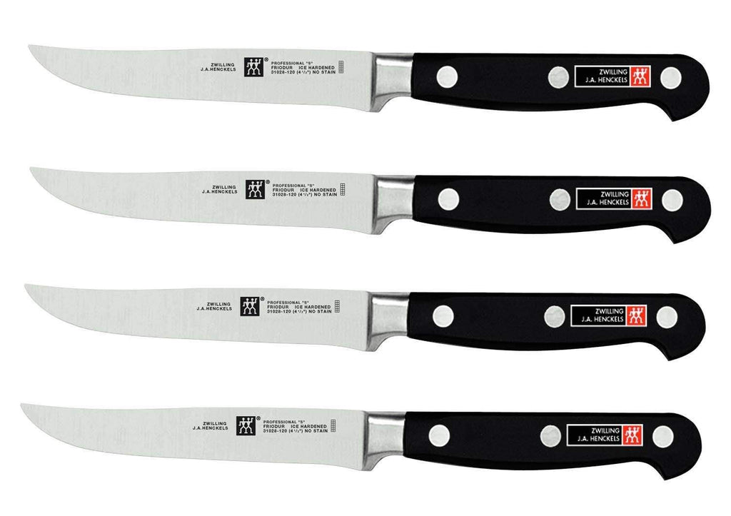 Zwilling steak knife set, 4-piece: black handles, stainless blades.