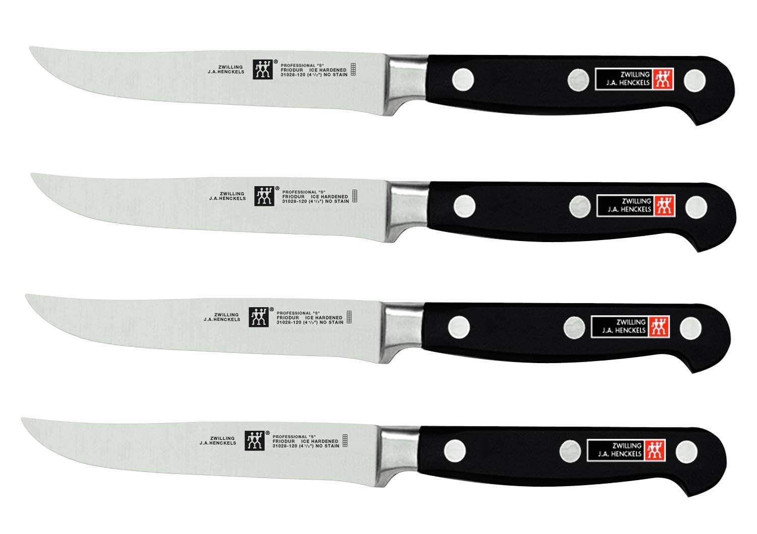 Zwilling steak knife set, 4-piece: black handles, stainless blades.