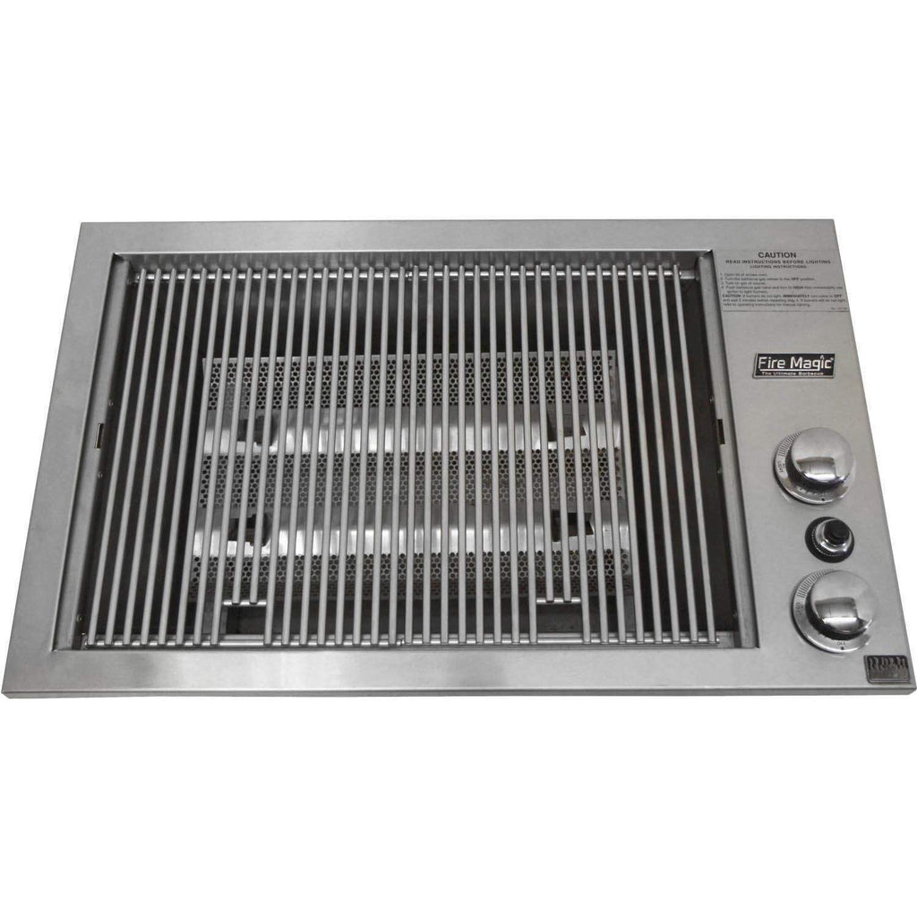 Built-in gas grill with open grate and stainless frame, control knob on right