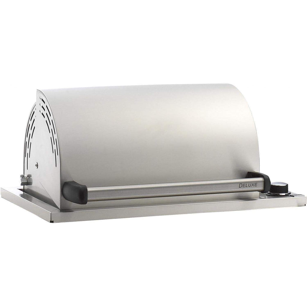 Built-in gas grill with stainless steel hood and side control knobs