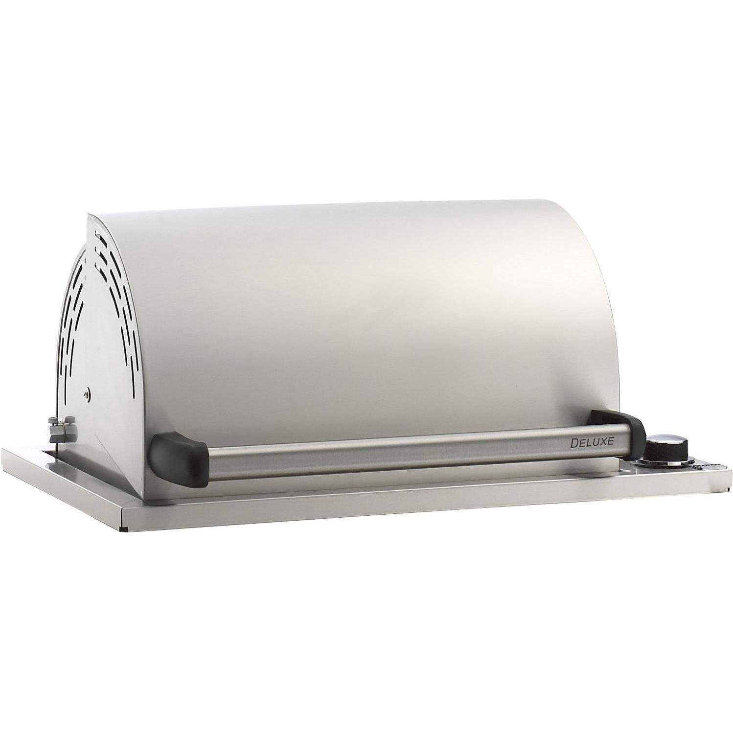 Built-in gas grill with stainless steel hood and side control knobs