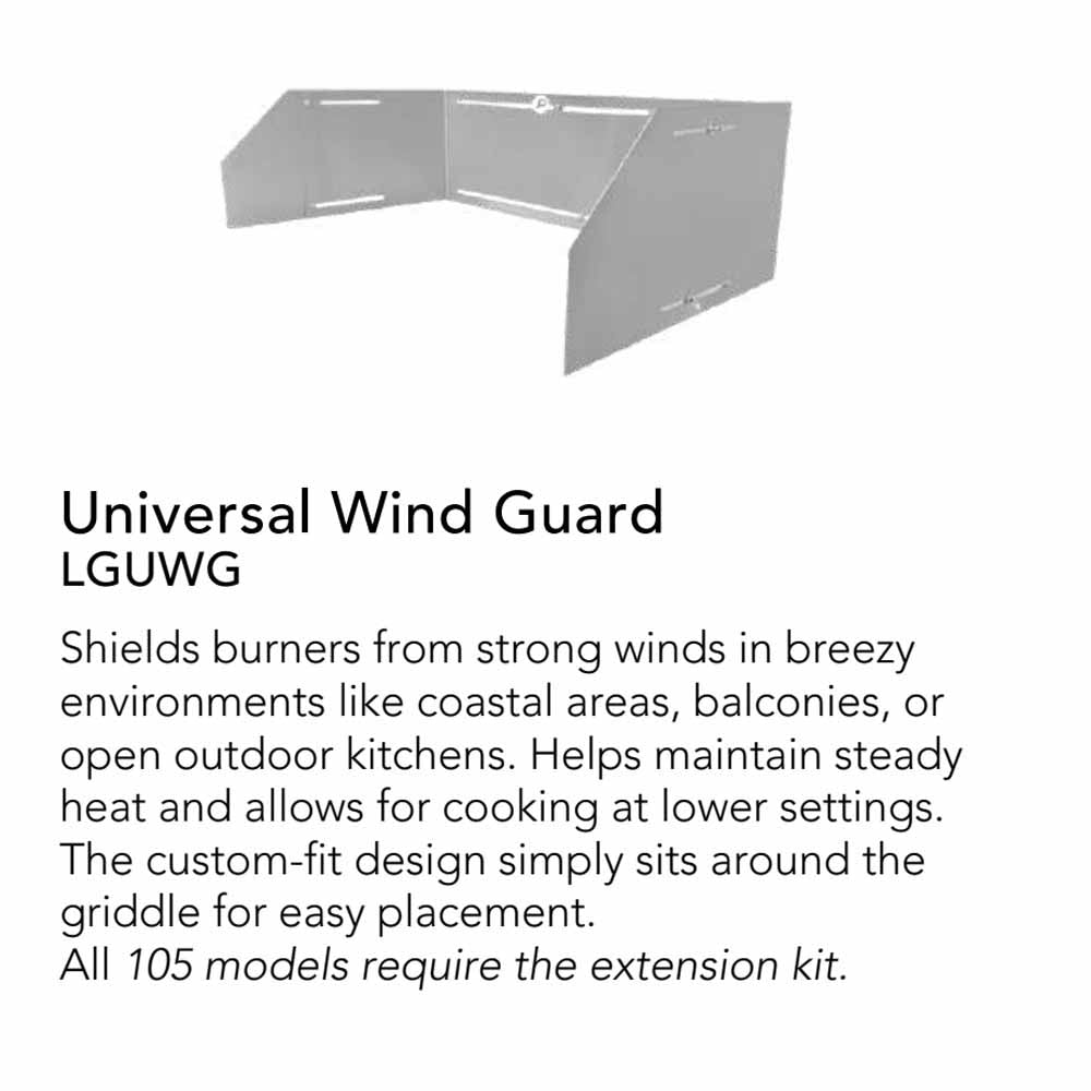 Universal wind guard metal panels with side flaps and vent openings, brushed gray.