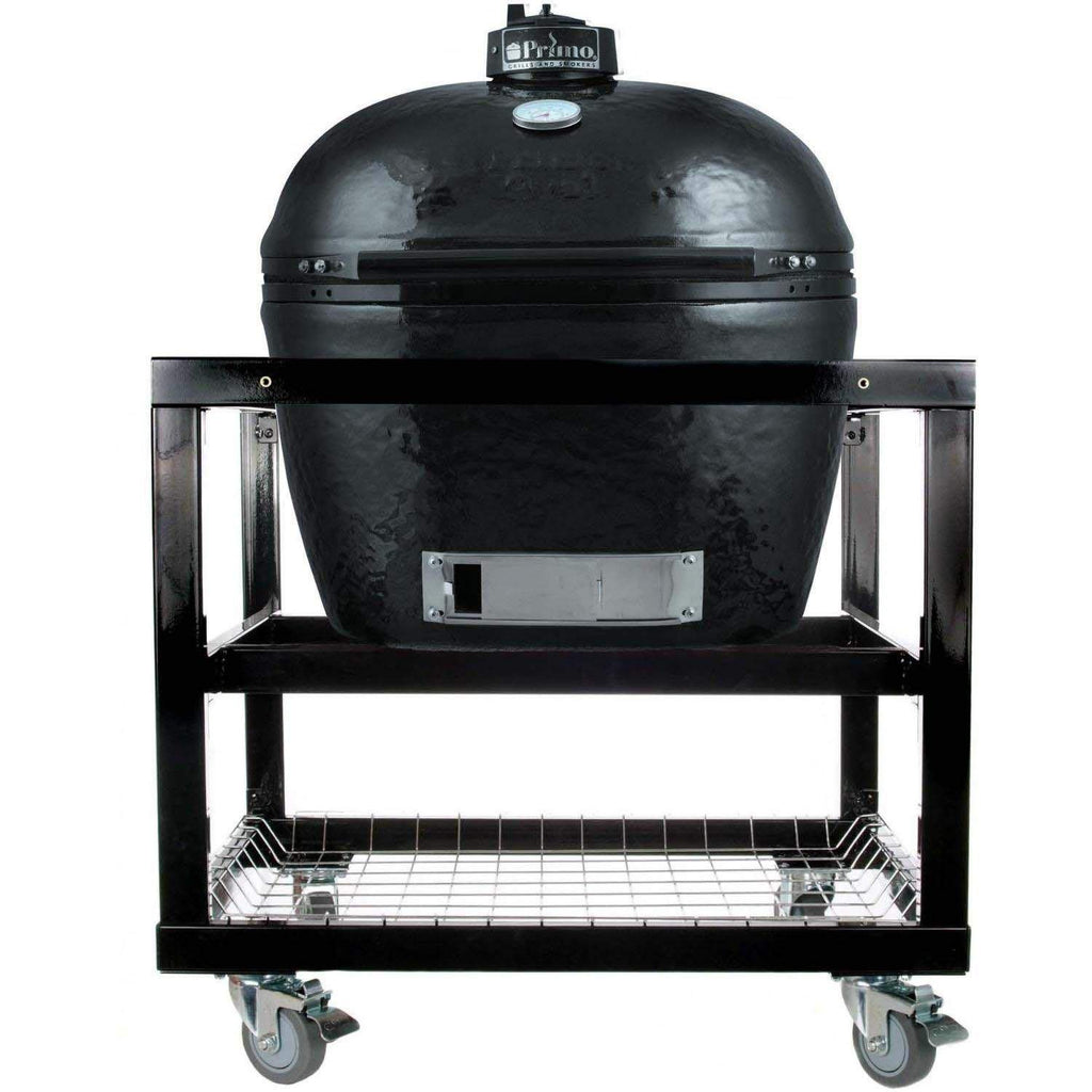 Oval ceramic kamado grill on cart, open front with lower cooking grate