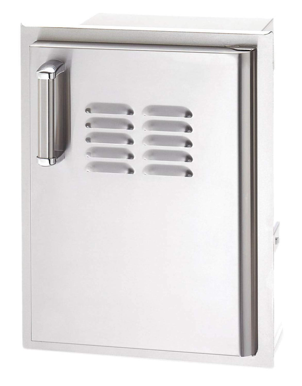 Stainless steel access door with louvered vent and left-side cylindrical pull handle