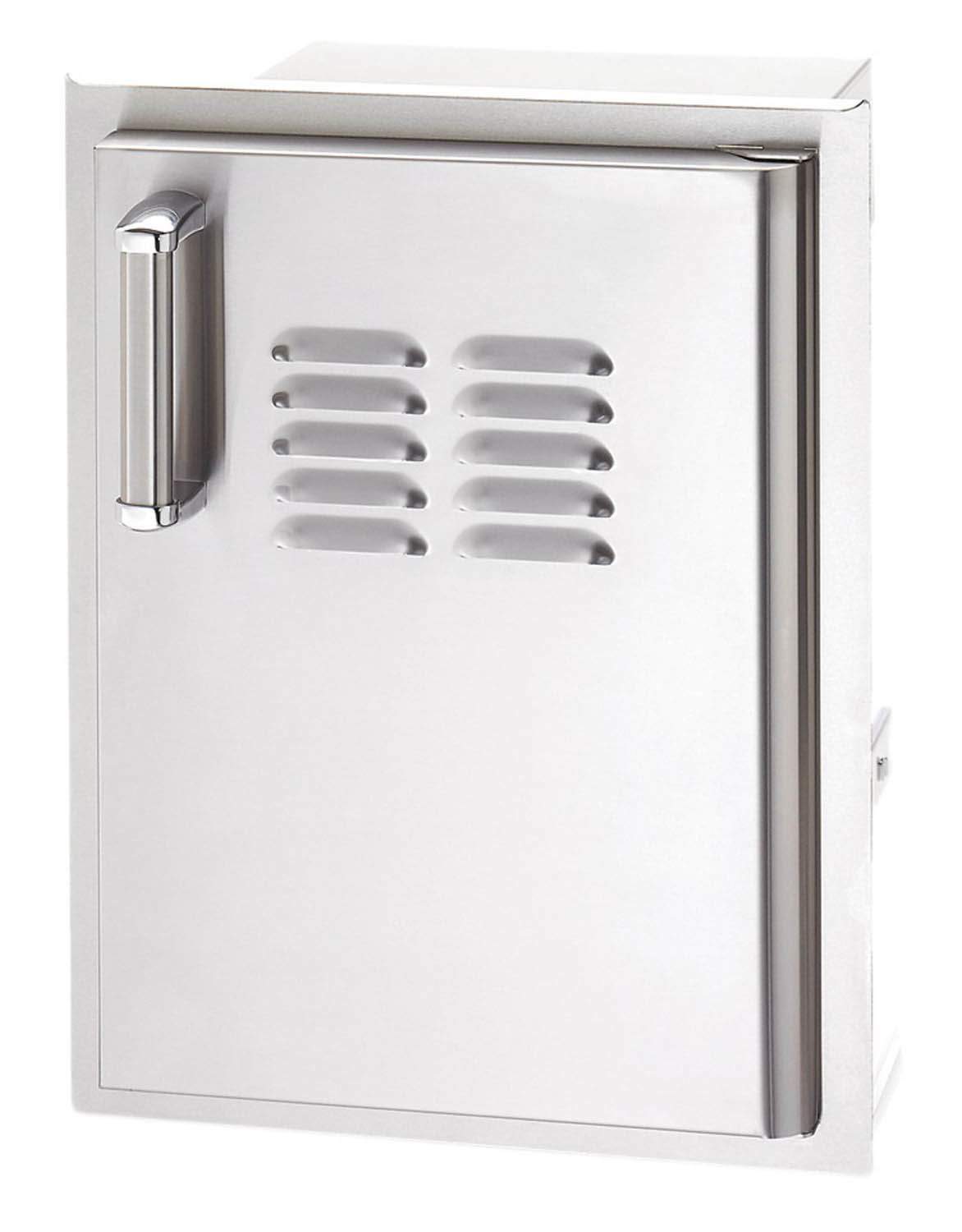 Stainless steel access door with louvered vent and left-side cylindrical pull handle