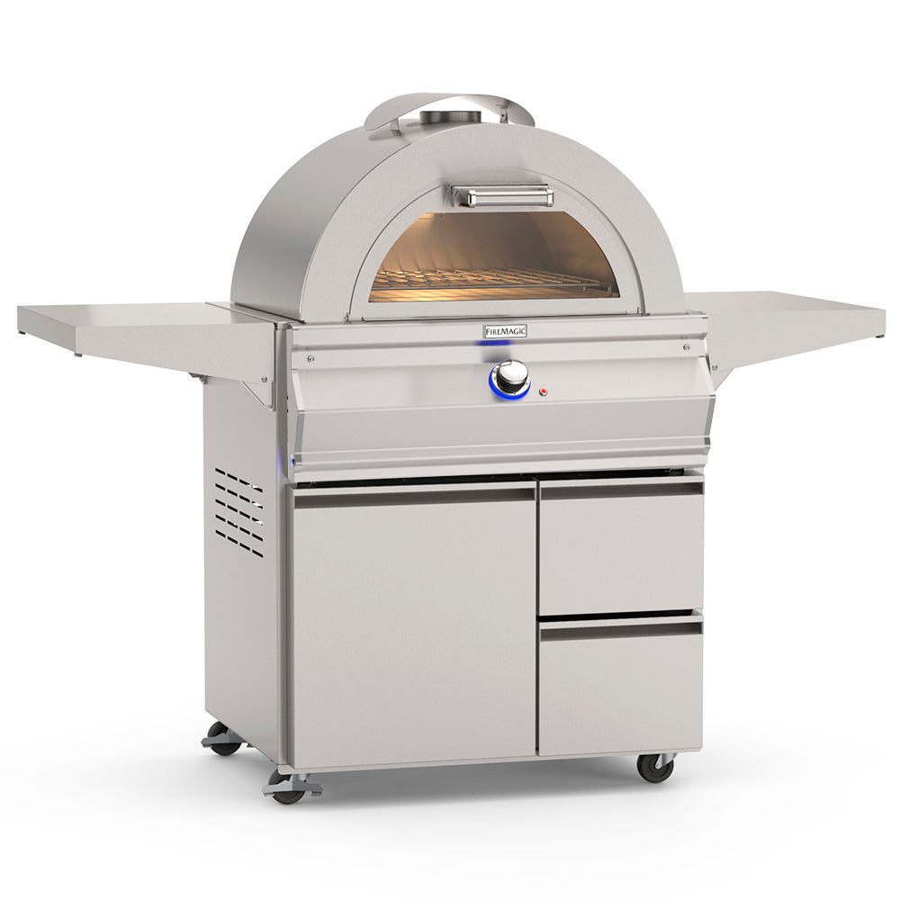 Freestanding gas pizza oven, stainless body with arched dome and front control knob