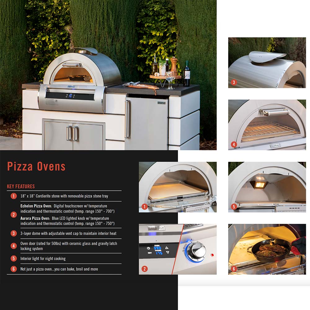 Freestanding outdoor gas pizza oven with stainless body, domed chamber, and control panel