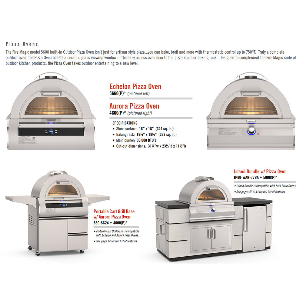 Stainless pizza oven with arched glass door and touch panel, shown from multiple angles