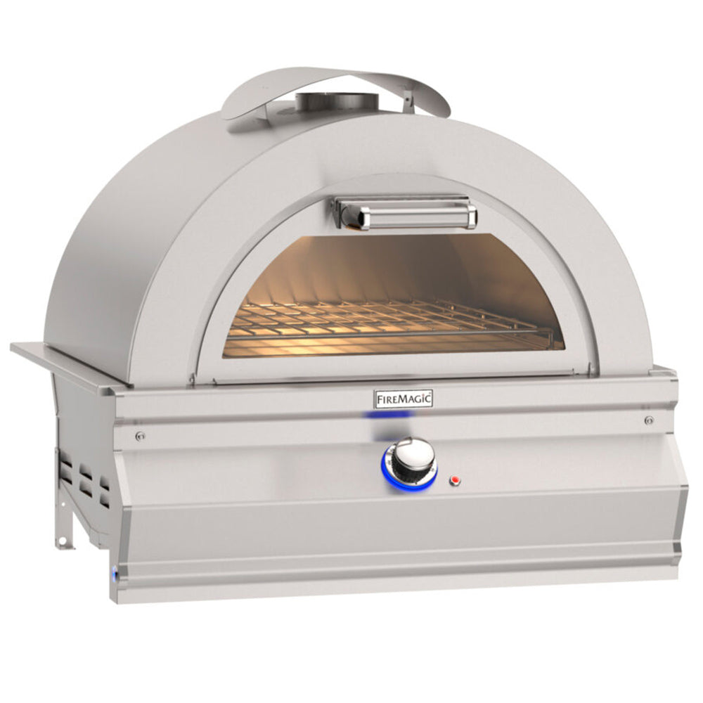 Built-in pizza oven with arched glass door and control knobs, stainless steel